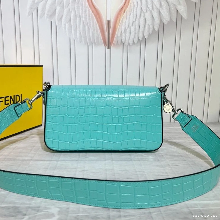 Cheap Leather Blue Medium Baguette Bag In Fendi Crocodile Tiffany 0821